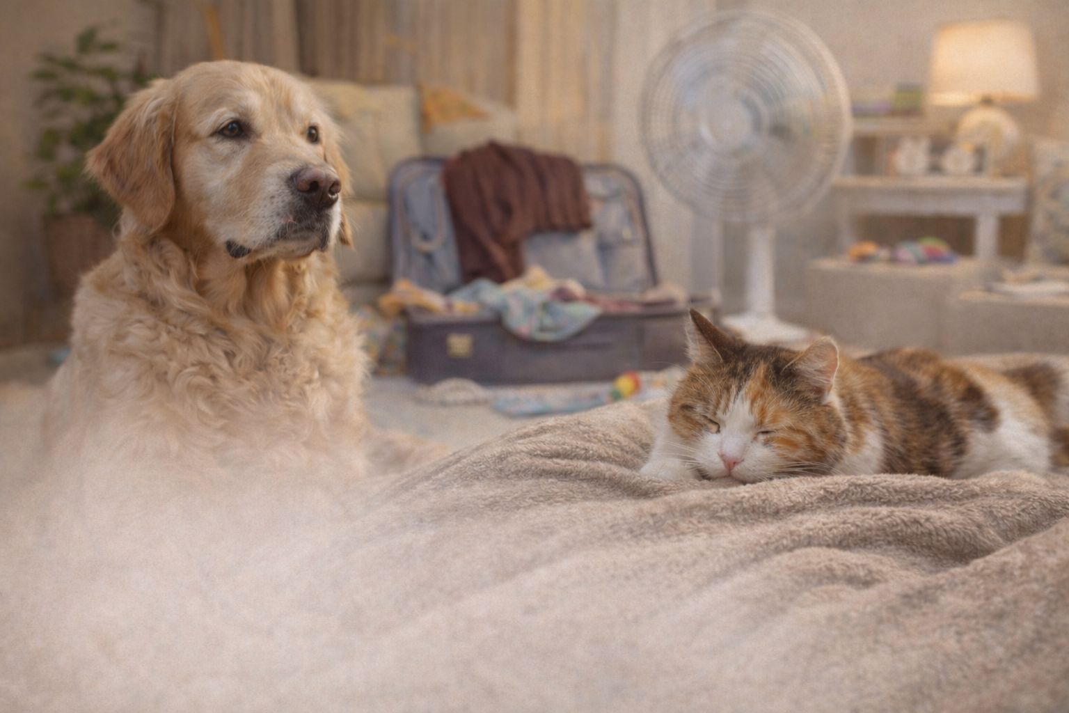 Perro y gato en calma hogareña