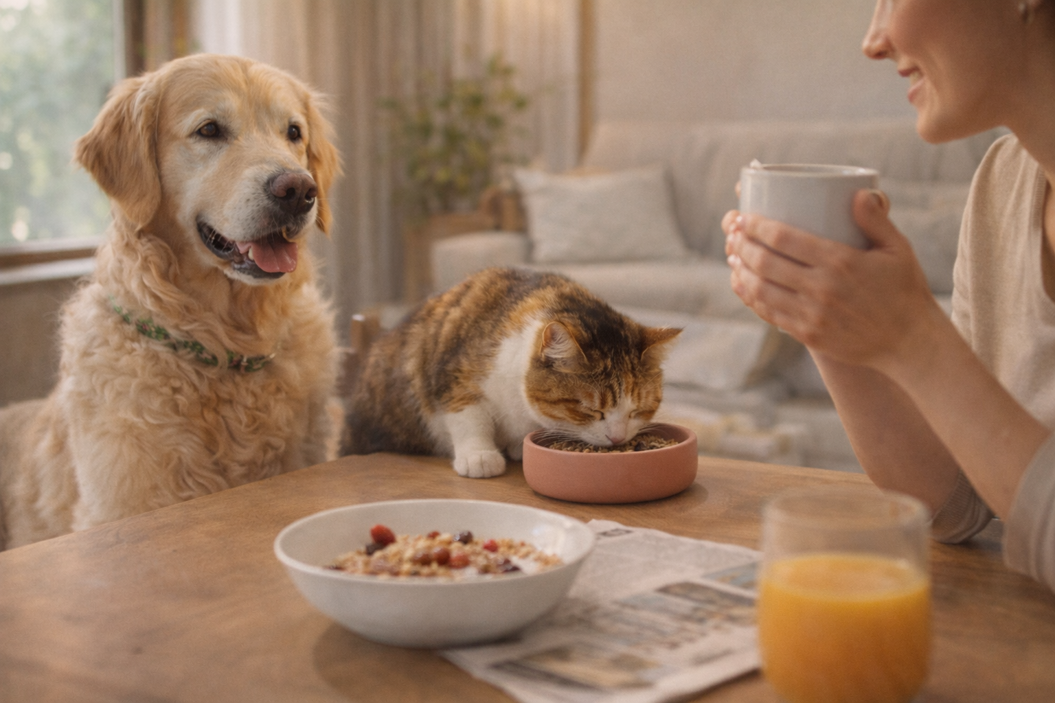 Perro y gato en salón acogedor