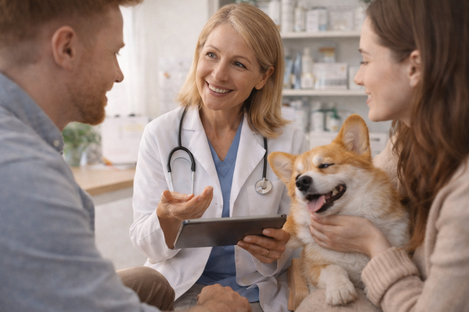Veterinaria, pareja y su Corgi